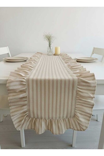 MZN Home 4 Kenar Fırfırlı Şeritli Keten Runner 40x200 cm – %100 Doğal Pamuk