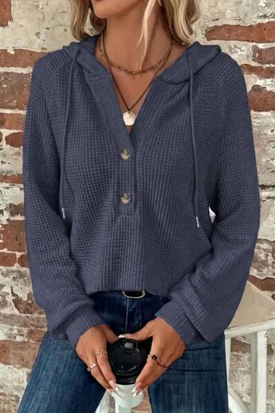 Mossta Hooded Buttoned Front Waffle Blouse - Blue