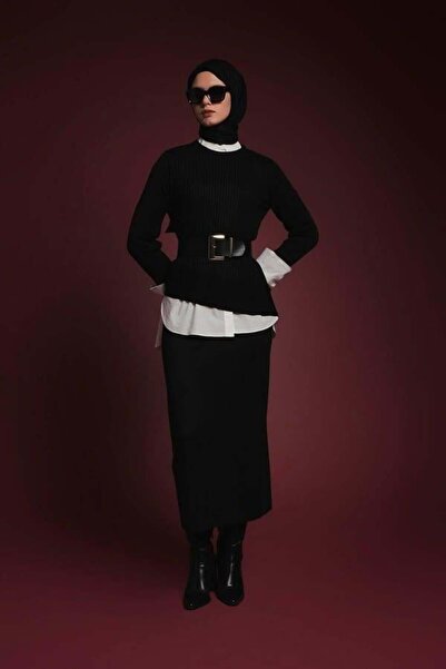 Armine Asimetrik Triko Etekli Takım - Siyah