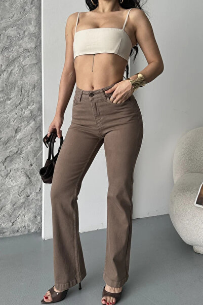 Coşkun GİYİM Women's High Waist Stitched Leg Relax Jeans Toprak 7026-72