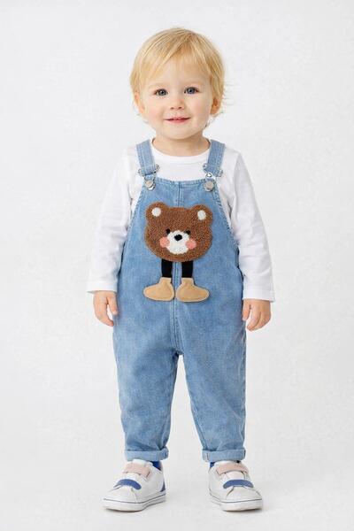 dinamik çocuk Erkek Bebek Süzene Ayıcık Nakışlı Uzun Kollu Badili Esnek Kot S...