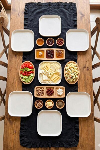 Atbyhome Lira 6 Kişilik 17 Parça Doğal Bambu - Seramik Kahvaltı Takımı – Kahv...