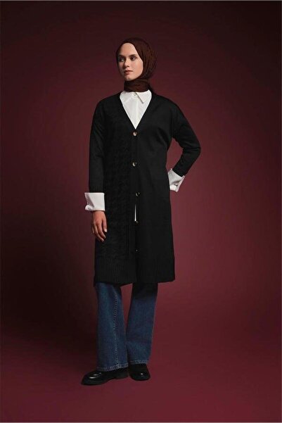 Armine Kaz Ayağı Desenli Düğmeli Triko Hırka - Siyah