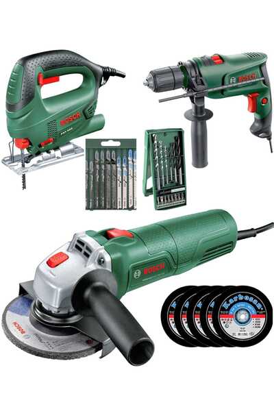 Bosch Darbeli Matkap,Avuç Taşlama ve Dekupaj Testere Üçlü Makine Set ve 30 Parça Uç - Aksesuar Seti.