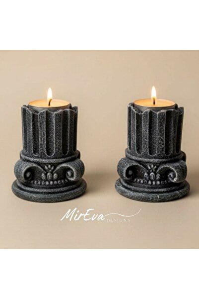 MİREVA Antik Yunan Sütun Tasarımlı Taş Mumluk Seti - 9 cm Sütun Tealight Şamd...