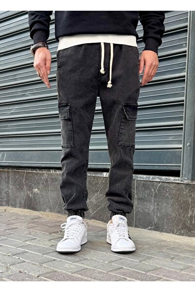 green poll Men's Jogger Fit Cargo Side Pocket Washed Jeans with Elastic Waist and Cuffs Smoked Anthracite