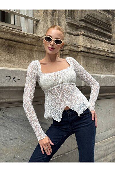 cemo Kare yakalı Büzgülü Dantel Asimetrik Kloş Etek Ucuyla. Bluz,