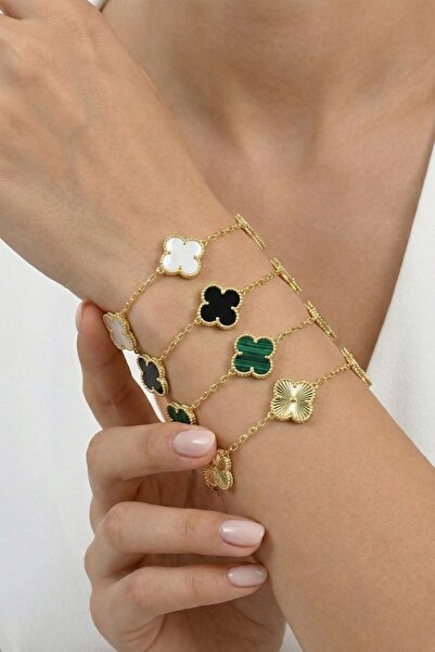 Söğütlü Silver 925 Ayar Gümüş Bileklik Altın Kaplama Siyah Taşlı Beş Motifli ...