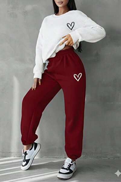 CAST COLLECTİON Women's White Heart Printed Crew Neck Burgundy Tracksuit Set