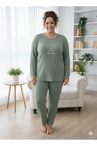 FAMES PİJAMA Plus Size Women Corded Fabric Comfortable Pajamas Set