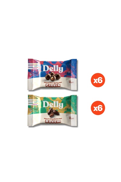 Delly 12 Adet Şekersiz Bitter Çikolata Kaplı Fındık & Badem Karışık Kutu