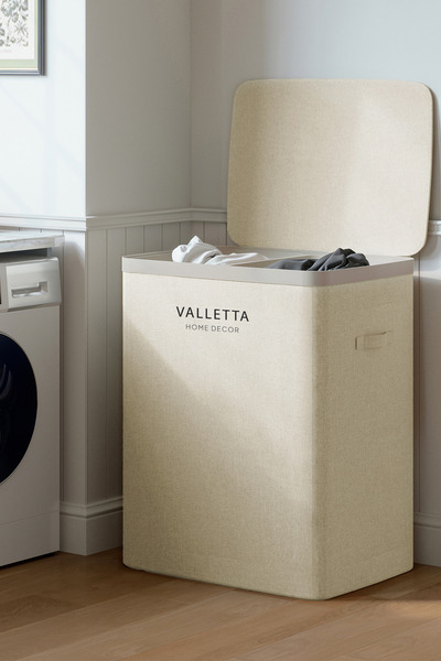 valletta Paloma 100l Çift Yıkanabilir Bölmeli Katlanabilir Kumaş Kirli Çamaşır Sepeti Cappuccino Beige XL