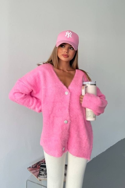 Ded COLLECTION Women's Fleece-Lined Knitwear Soft Textured 3 Stone Button Detailed V-Neck Cardigan