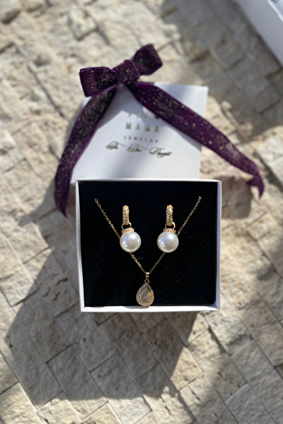 PALM MAMA JEWELRY Klasik Zarif Şık 2'Li İnci Küpe Damla Gold Zirkon Taşlı Çel...