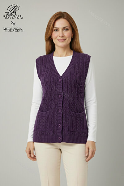 Ravencia Women's V-Neck Thick Wool Hair Knitted Knitwear Buttoned Pocket Mother Vest