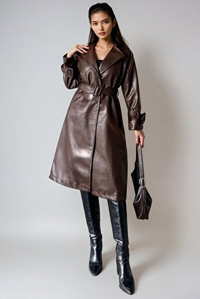 Trend Alaçatı Stili Trench pentru femei, maro, cu detaliu de centură, căptuși...