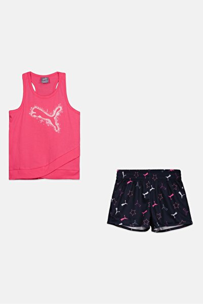 Puma Toddlers Girl 2 Pieces Brand Logo Tank Top And Short Set, Pink/Navy Blue