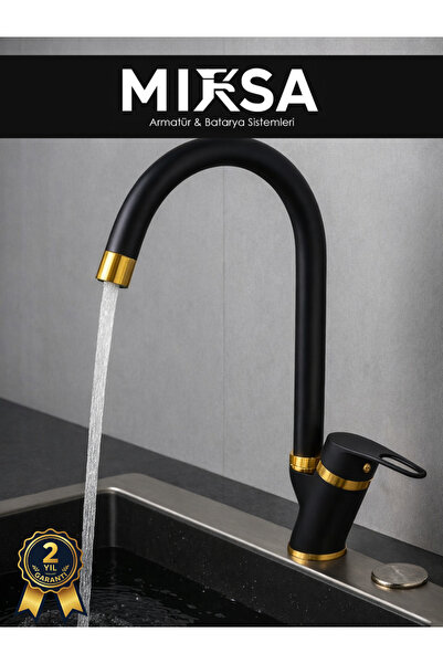 MİXSA Lüx Siyah-Gold Baston Borulu Mutfak Eviye Bataryası, Musluğu, Çeşmesi Ç...