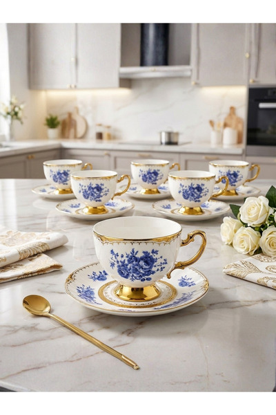 AiroBazar Set of 6 Turkish Coffee Cups with Feet – Blue Rose Pattern 90 ml