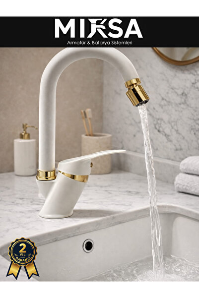MİXSA Lüx Beyaz-Gold Baston Borulu Oynar Başlıklı Perlatörlü Mutfak Eviye Bat...