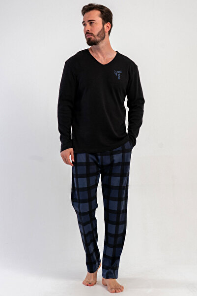VİENETTA Cotton Men's Interlock V-Neck Long Sleeve Pajama Set, 503183