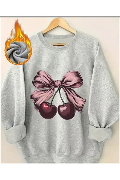 herkesemoda Detaliu de imprimare cu panglică guler rotund Swea tricou