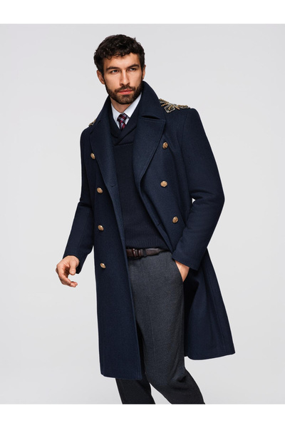 OMBRE Herren-Wollmantel, zweireihig, mit dekorativen Applikationen an den Schultern – V1 Marineblau
