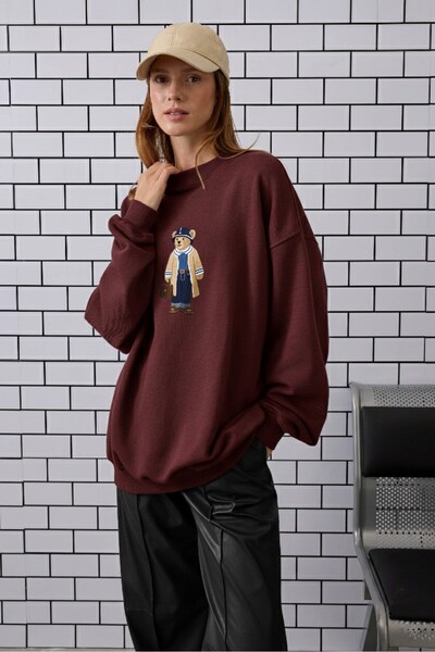 The Champ Clothing Femei supradimensionat Swea tricou Traveler Bear 3D cu imprimeu Burgundy – guler rotund , 3 fire Ş cu căptușeală din fleece fleece