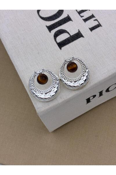 Hedef Bijuteri أقراط دائرية فضية اللون ذات ملمس حجري عتيق بتصميم عين النمر