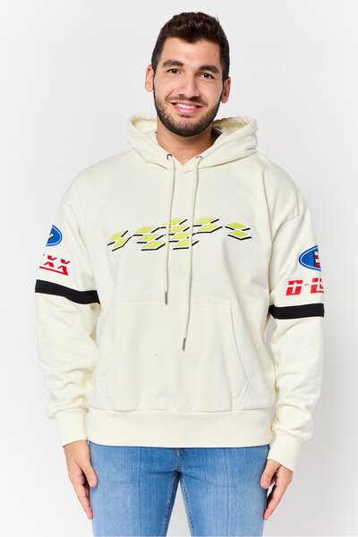 Diesel Men Embroidered Logo Long Sleeve Hoodie, Off White