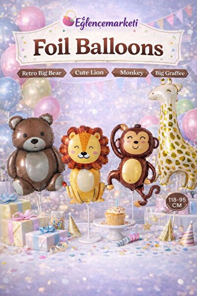 eğlencemarketi Hayvan Figürlü Folyo Balon Seti Ayı Aslan Maymun Zürafa Hava V...