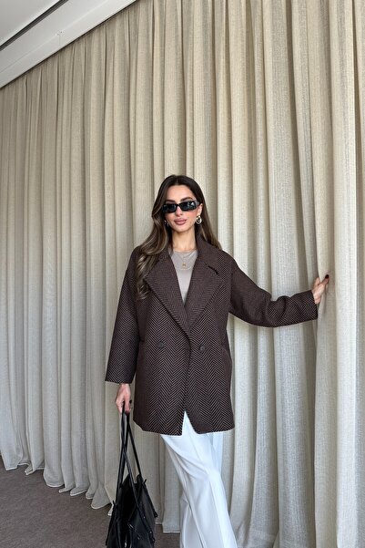 MAT Collection Kadın Kahve Balık Sırtı Desenli Oversize Kaban