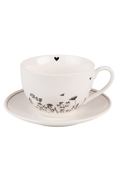 Clayre & Eef Σετ 4 μπεζ μαύρων πορσελάνινων ποτηριών