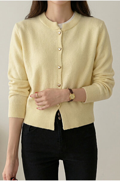FEMELLE Women's Yellow Heart Buttoned Standard Size Knitwear Cardigan (Product Length 54 cm)