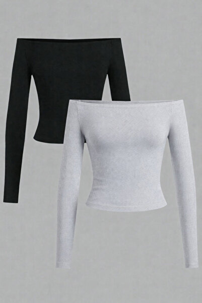 ÖZ PAMUK 2Pcs Women Asymmetrical Shoulder Detail Boat Neck Plain Blouse