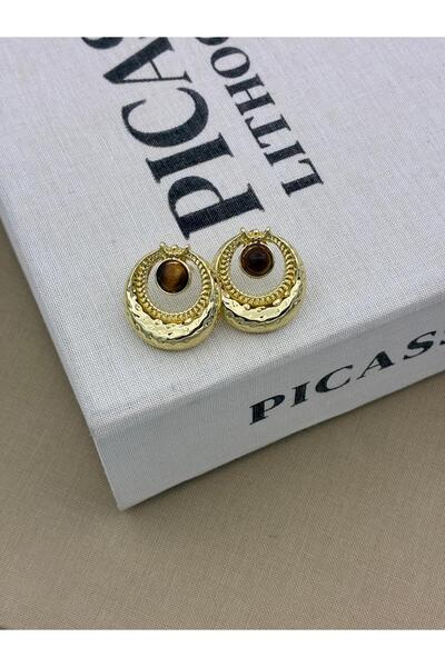 Hedef Bijuteri أقراط دائرية ذهبية اللون ذات ملمس حجري عتيق بتصميم عين النمر