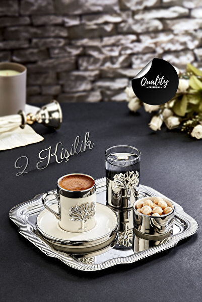 grimorlife 2 Kişilik Tepsili Gümüş Porselen Ağaç Detaylı Fincan Sunum Seti-Sö...