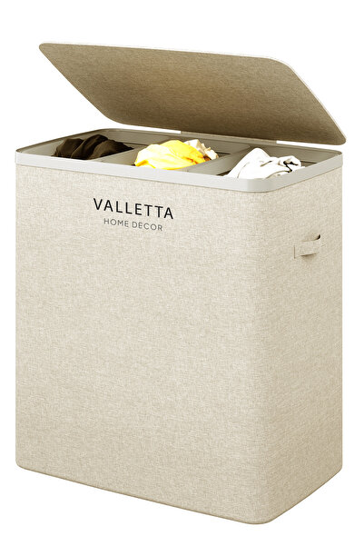 valletta Paloma 120l Üç Yıkanabilir Bölmeli Katlanabilir Kumaş Kirli Çamaşır Sepeti Cappuccino Beige XL