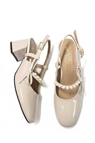 McDark Pantofi de damă din piele lacuită bej cu toc clasic Pearl Stone