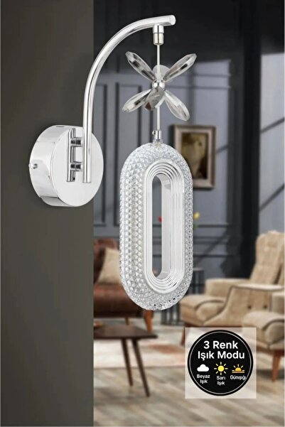 Bohem Aydınlatma Krom Kristal Elips 3 Renk LED Duvar Apliği Beyaz/Sarı/Günışığı