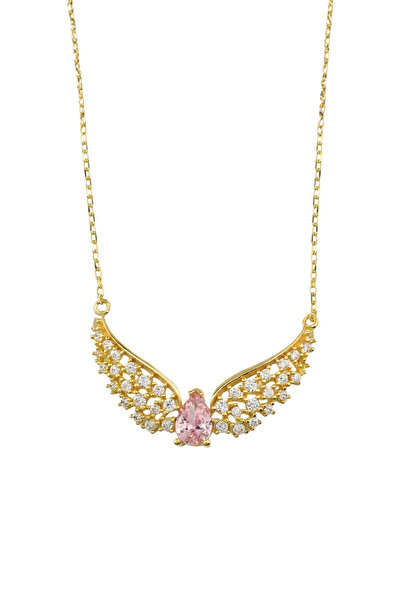 Intuit Jewelry INTUIT Winged Rose - 14 Ayar Altın Kaplama Gümüş Pembe Taşlı Melek Kanadı Kolye