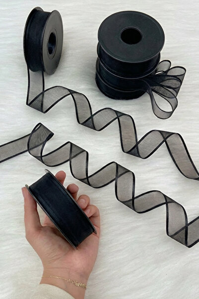 ZEYMERADE Siyah Şifon Kurdele 2,5 cm 20 mt, Gelin, Damat, Bohça, Nişan, Çeyiz, Özel Gün, Hediye, Düğün, Süsü