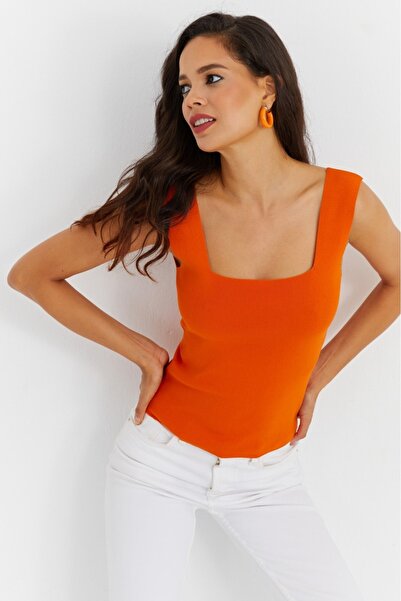 Be Best Women's Orange Square Neck Knitwear Blouse Be288