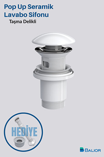 BALİOR Seramik Lavabo Sifonu Koku Engelleyici Aç-Kapa Parlak Beyaz