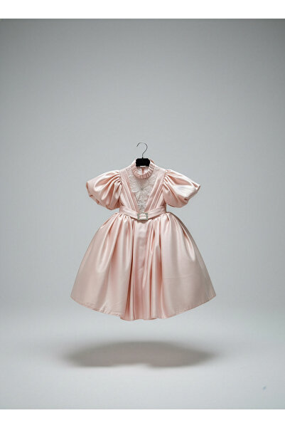 Girl Powder Evening Dress – Special Day Dress with Balloon Sleeves, Stone Buckle and Belt Detail