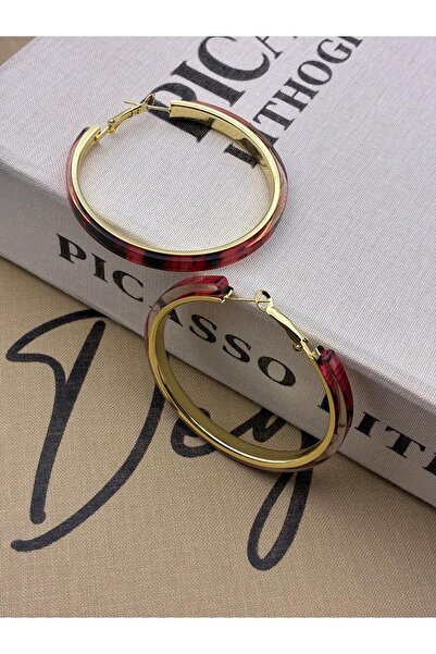Hedef Bijuteri Kırmızı Leopar Desenli 52 mm Çaplı Gold Halka Küpe