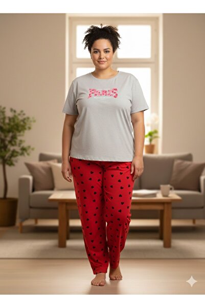 FAMES PİJAMA Women's Plus Size Short Sleeve Summer Pajama Set