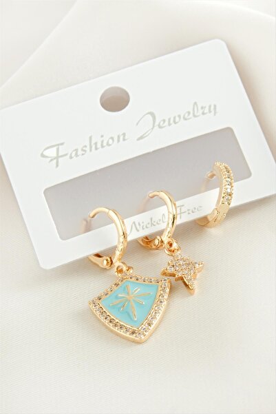 ZERO LAND HN-SHOP 3 قطع أقراط من حجر الزركون على شكل نجمة - أصفر