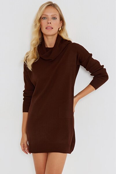 Be Best Women's Brown Degaje Collar Knitwear Mini Dress Be286