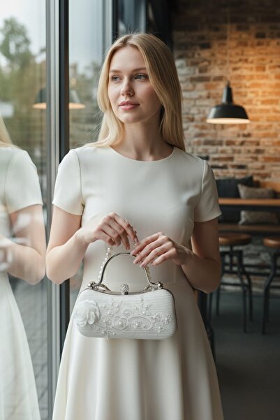 GUİZA Pearl Lace Model Stylish and High Quality Bridal Bag Wedding Bag with Zircon Stone